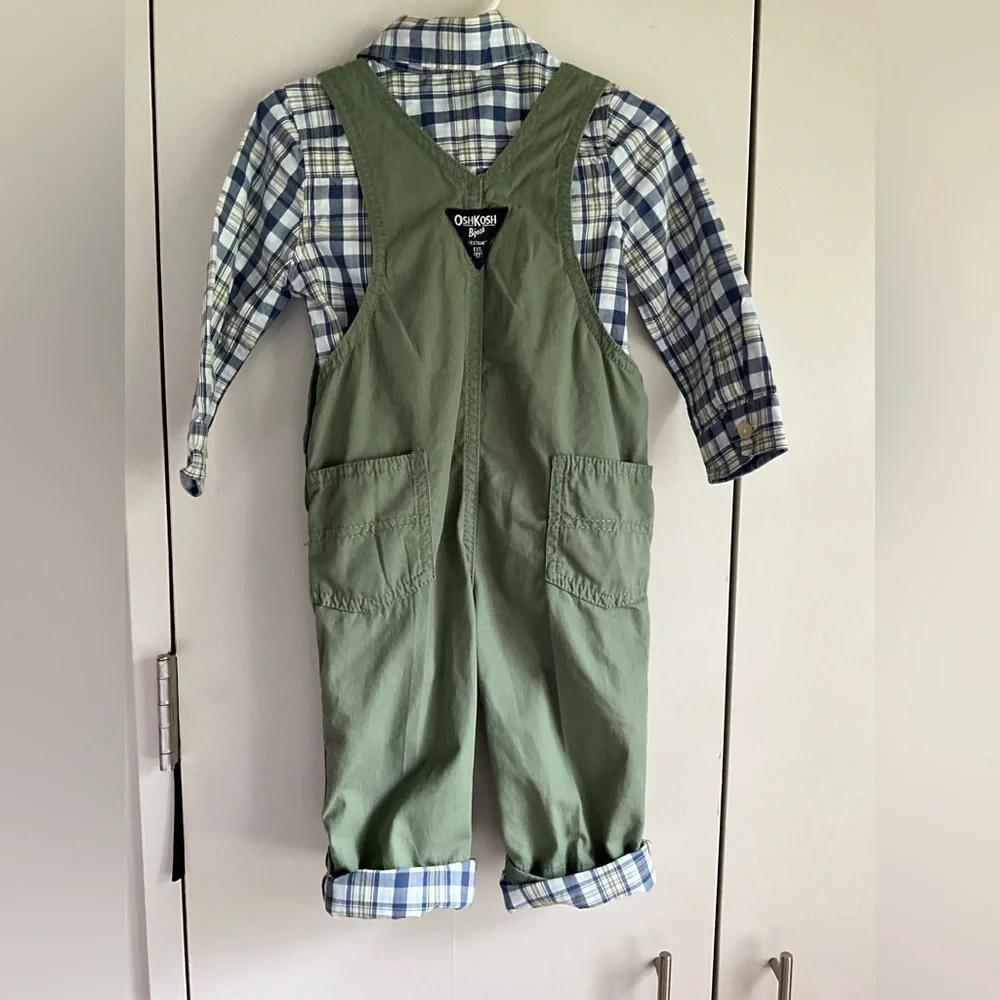 NWOT 2 piece set Oshkosh Overalls + Button Down bodysuit shirt, 18 mo, MSRP $70